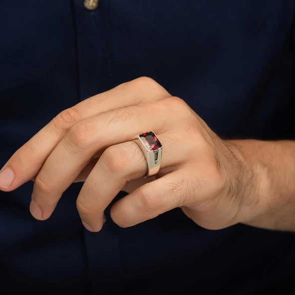 Kırmızı Taşlı 925 Gümüş Erkek Yüzük - Resim 4