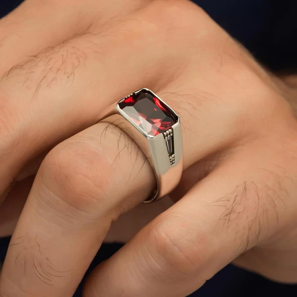 Kırmızı Taşlı 925 Gümüş Erkek Yüzük - Resim 7
