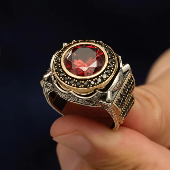 Yuvarlak Kırmızı Taşlı 925 Gümüş Erkek Yüzük - Resim 6