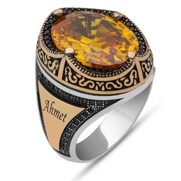 Oval Sarı Sitrin Taşlı Harfli 925 Gümüş Erkek Yüzük - Resim 2