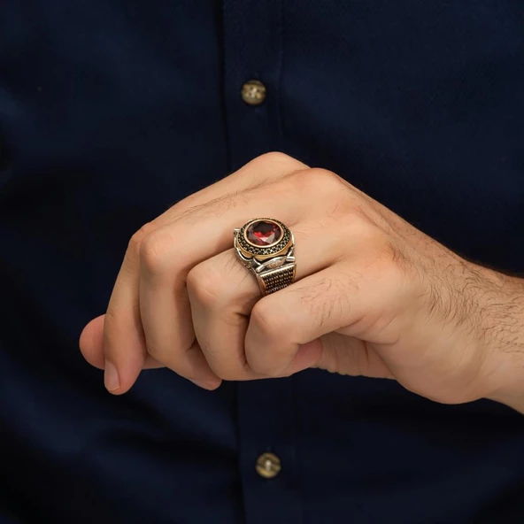 Yuvarlak Kırmızı Taşlı 925 Gümüş Erkek Yüzük - Resim 4