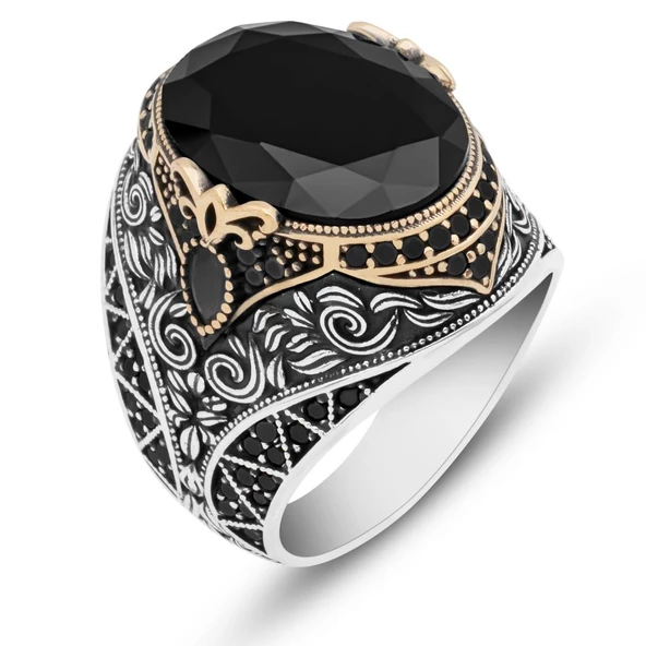 Oval Siyah Taşlı 925 Gümüş Erkek Yüzük - Resim 2