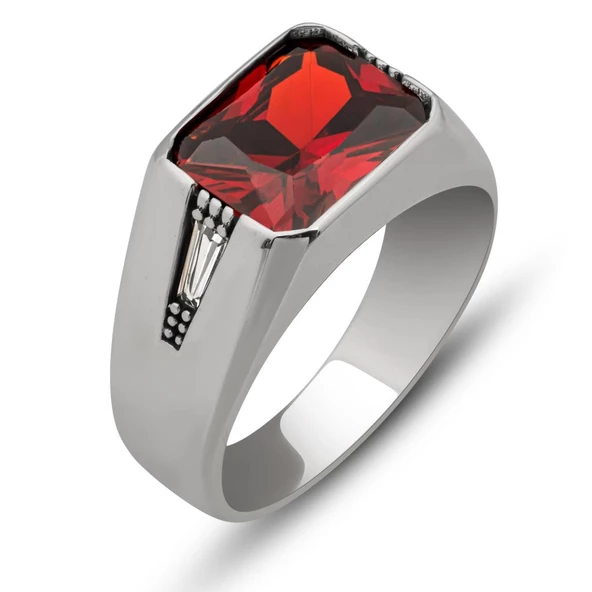 Kırmızı Taşlı 925 Gümüş Erkek Yüzük - Resim 2
