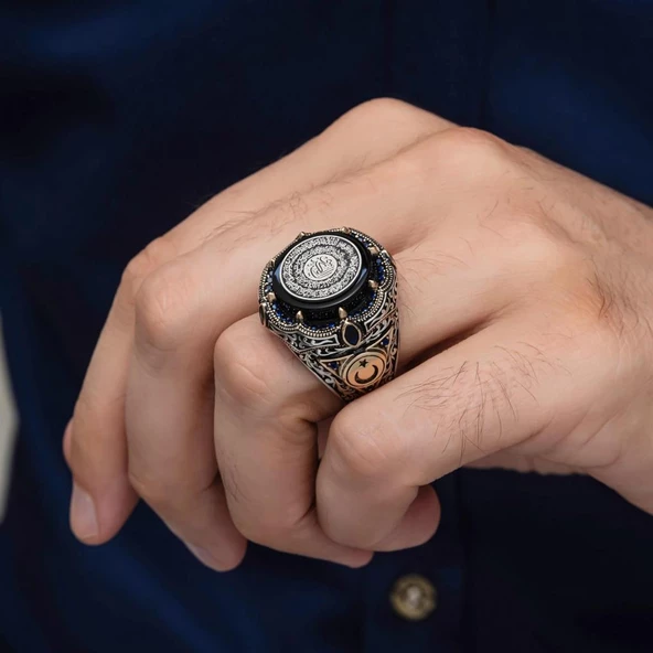 Ayetel Kursi Hat Yazılı Ayyıldız 925 Gümüş Erkek Yüzük - Resim 9