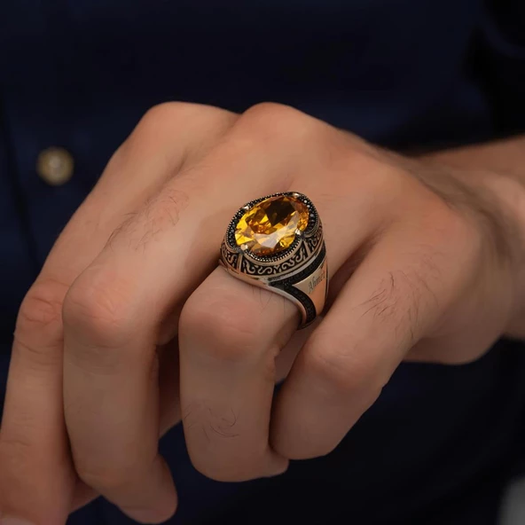Oval Sarı Sitrin Taşlı Harfli 925 Gümüş Erkek Yüzük - Resim 3