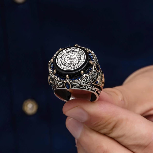 Ayetel Kursi Hat Yazılı Ayyıldız 925 Gümüş Erkek Yüzük - Resim 7