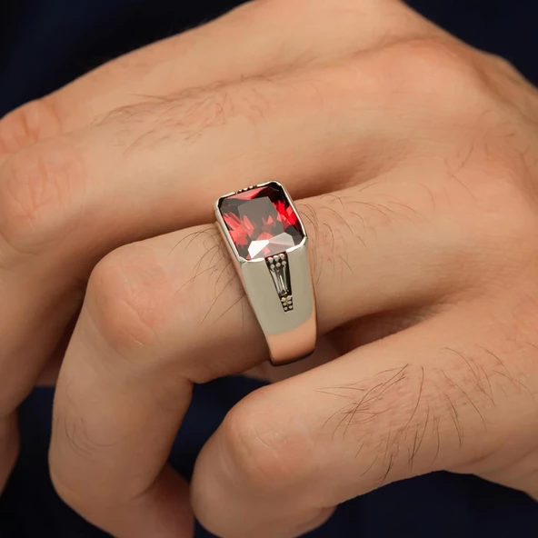 Kırmızı Taşlı 925 Gümüş Erkek Yüzük - Resim 3