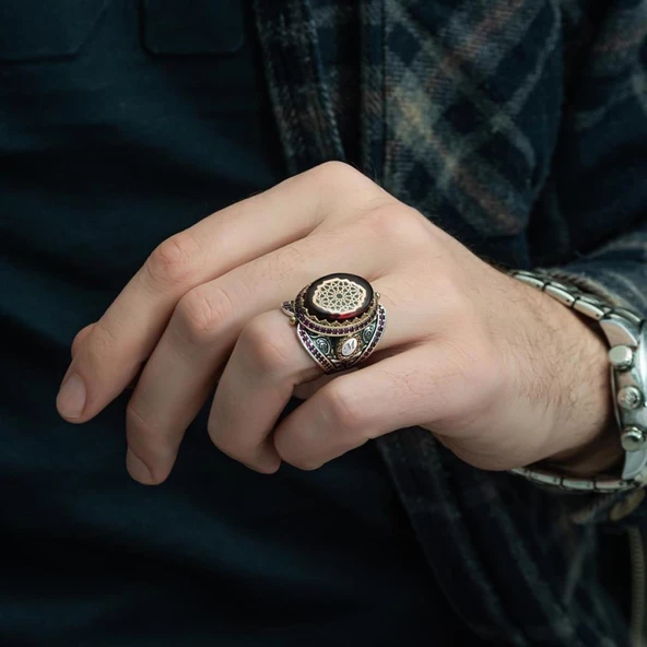 Kırmızı Sıkma Kehribar Taşlı 925 Gümüş Erkek Yüzük - 5