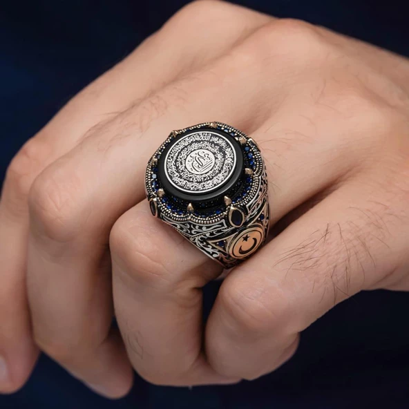 Ayetel Kursi Hat Yazılı Ayyıldız 925 Gümüş Erkek Yüzük - Resim 6