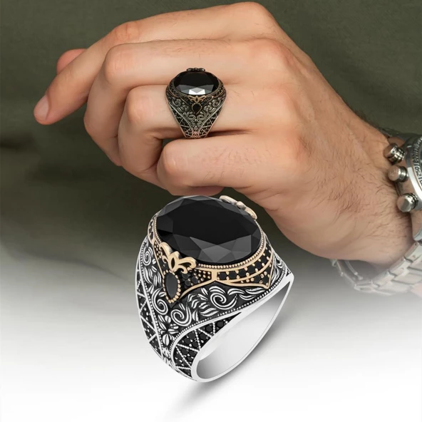 Oval Siyah Taşlı 925 Gümüş Erkek Yüzük ürün görseli