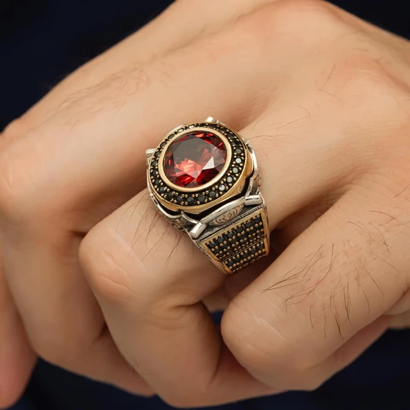 Yuvarlak Kırmızı Taşlı 925 Gümüş Erkek Yüzük - Resim 8