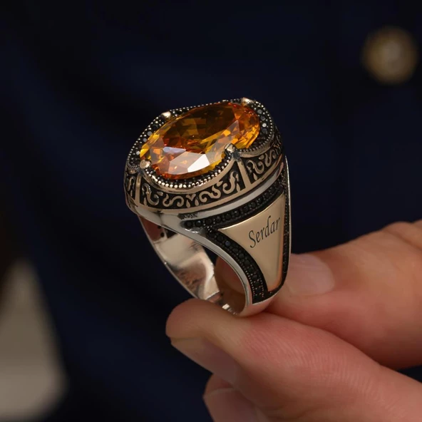 Oval Sarı Sitrin Taşlı Harfli 925 Gümüş Erkek Yüzük - Resim 6