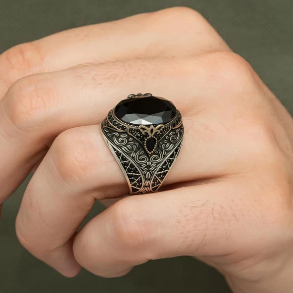 Oval Siyah Taşlı 925 Gümüş Erkek Yüzük - Resim 3