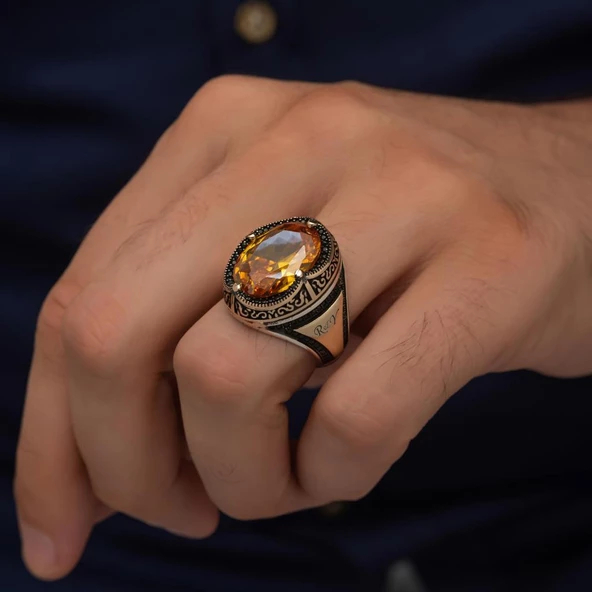 Oval Sarı Sitrin Taşlı Harfli 925 Gümüş Erkek Yüzük - Resim 4