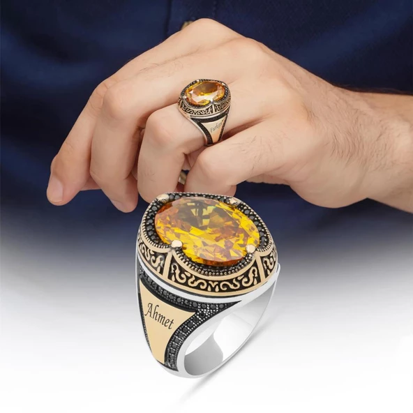 Oval Sarı Sitrin Taşlı Harfli 925 Gümüş Erkek Yüzük ürün görseli