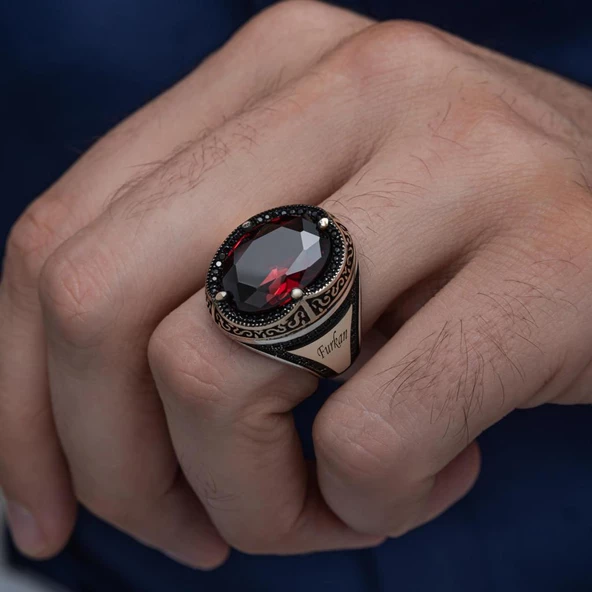 Kırmızı Taşlı Oval İsimli 925 Gümüş Erkek Yüzük - Resim 5