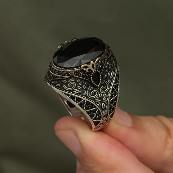 Oval Siyah Taşlı 925 Gümüş Erkek Yüzük - Resim 6