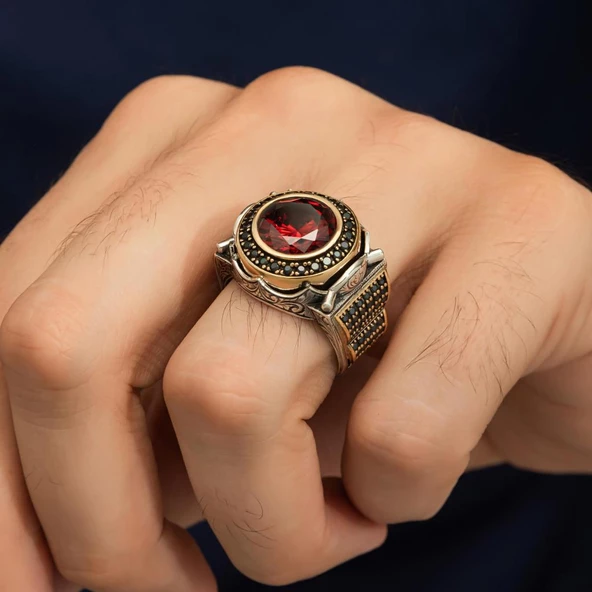 Yuvarlak Kırmızı Taşlı 925 Gümüş Erkek Yüzük - Resim 7