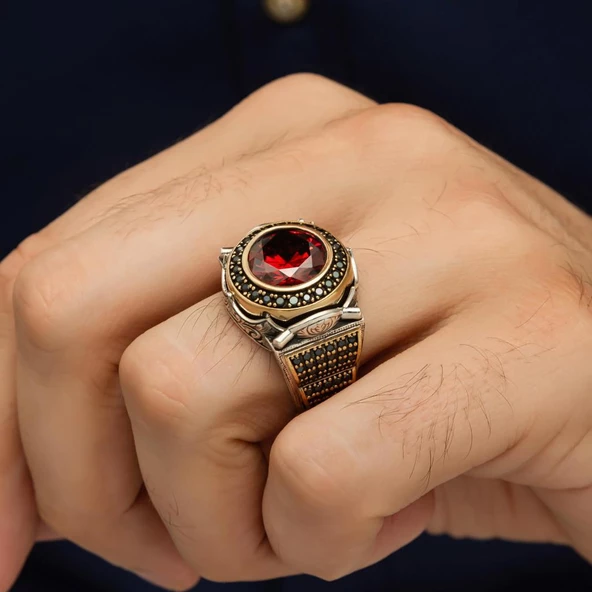 Yuvarlak Kırmızı Taşlı 925 Gümüş Erkek Yüzük - Resim 3