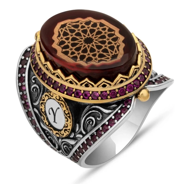 Kırmızı Sıkma Kehribar Taşlı 925 Gümüş Erkek Yüzük - 2