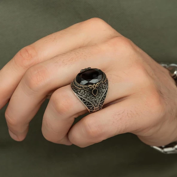Oval Siyah Taşlı 925 Gümüş Erkek Yüzük - Resim 8