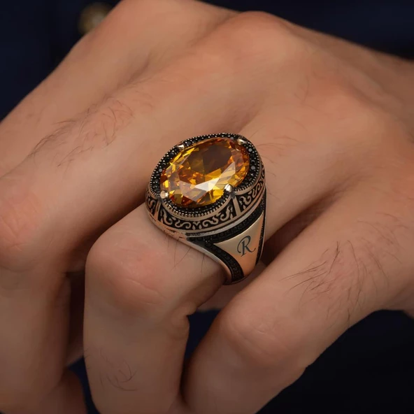 Oval Sarı Sitrin Taşlı Harfli 925 Gümüş Erkek Yüzük - Resim 7