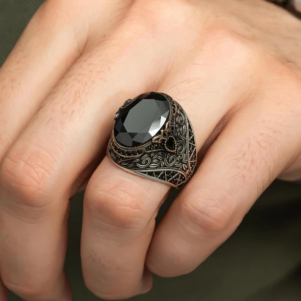 Oval Siyah Taşlı 925 Gümüş Erkek Yüzük - Resim 5