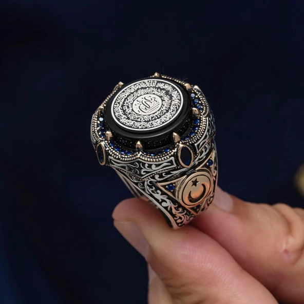 Ayetel Kursi Hat Yazılı Ayyıldız 925 Gümüş Erkek Yüzük - Resim 5