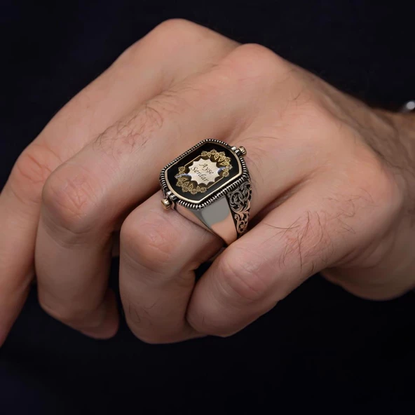 Çift Taraflı İsimli Siyah Mineli 925 Gümüş Erkek Yüzük - Resim 9