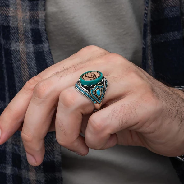 Elif Vav Harfli Mavi Taşlı 925 Gümüş Erkek Yüzük - 5