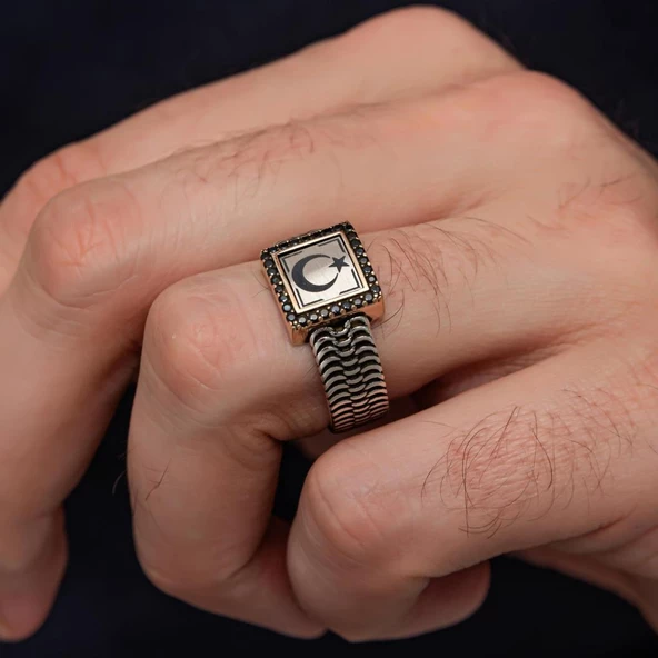 Ayyıldız Bayrak Desenli 925 Gümüş Yüzük - 3