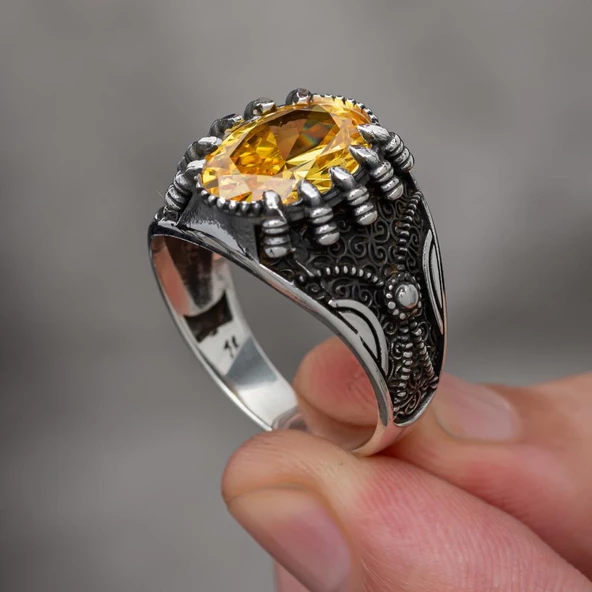 Sarı Taşlı Pençeli Harfli 925 Gümüş Erkek Yüzük - Resim 9