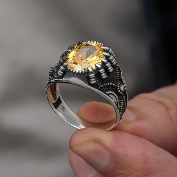 Sarı Taşlı Pençeli Harfli 925 Gümüş Erkek Yüzük - Resim 6