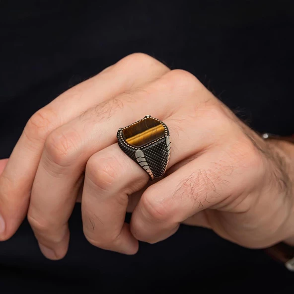 Kaplan Gözü Taşlı 925 Gümüş Erkek Yüzük - Resim 4