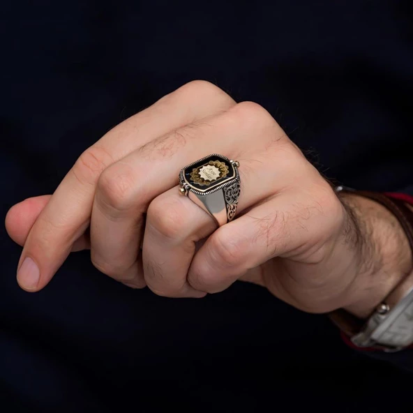 Çift Taraflı İsimli Siyah Mineli 925 Gümüş Erkek Yüzük - Resim 6