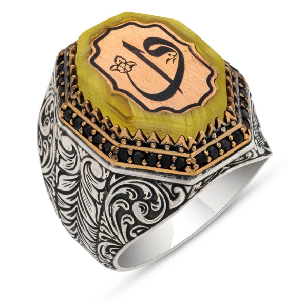 Elif Vav Harfli Sarı Taşlı 925 Gümüş Erkek Yüzük - Resim 2