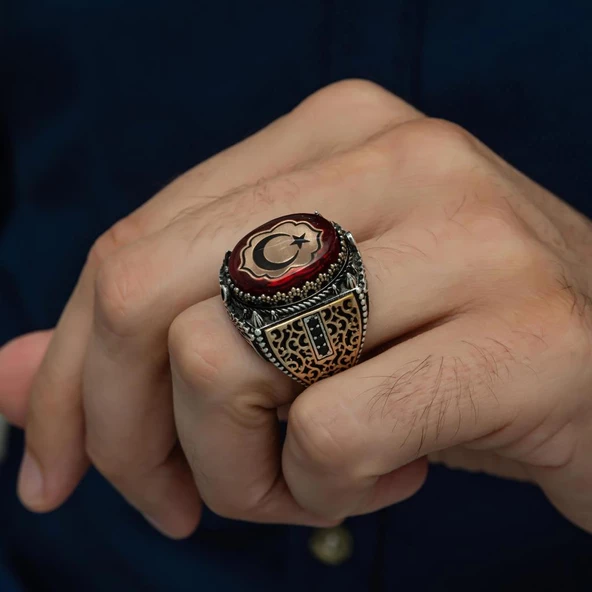 Kırmızı Taşlı Ayyıldız Desenli 925 Gümüş Erkek Yüzük - Resim 5
