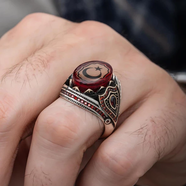 Ayyıldız Kırmızı Taşlı 925 Gümüş Erkek Yüzük - Resim 6