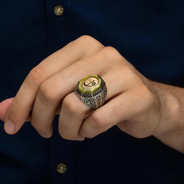 Elif Vav Harfli Sarı Taşlı 925 Gümüş Erkek Yüzük - Resim 6