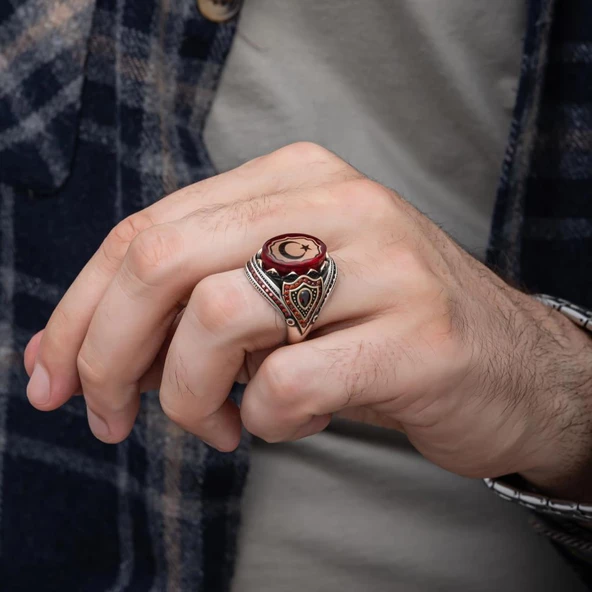 Ayyıldız Kırmızı Taşlı 925 Gümüş Erkek Yüzük - Resim 5