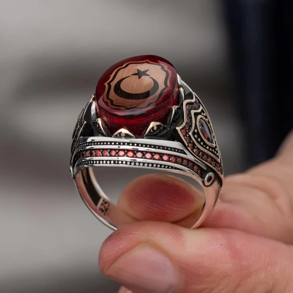 Ayyıldız Kırmızı Taşlı 925 Gümüş Erkek Yüzük - Resim 7