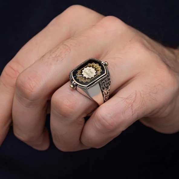 Çift Taraflı İsimli Siyah Mineli 925 Gümüş Erkek Yüzük - Resim 7