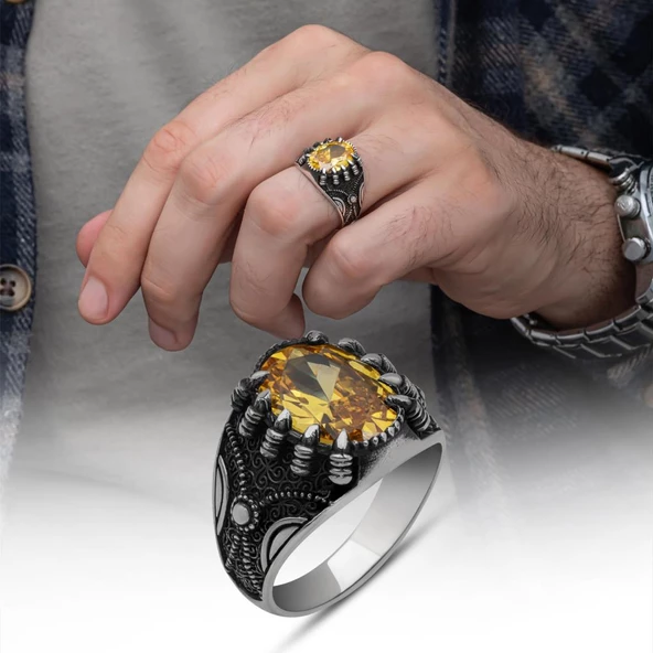 Sarı Taşlı Pençeli Harfli 925 Gümüş Erkek Yüzük ürün görseli