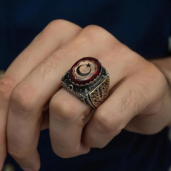 Kırmızı Taşlı Ayyıldız Desenli 925 Gümüş Erkek Yüzük - Resim 4