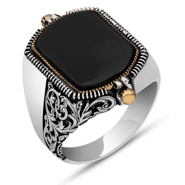 Çift Taraflı İsimli Siyah Mineli 925 Gümüş Erkek Yüzük - Resim 2