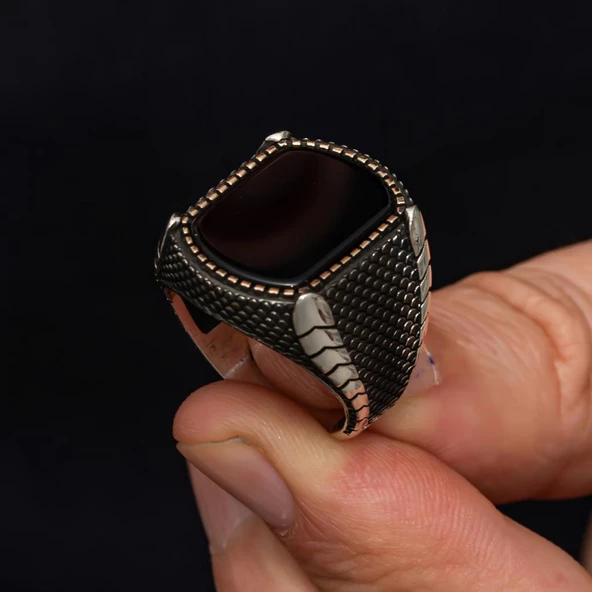 Oniks Siyah Taşlı İsimli 925 Gümüş Erkek Yüzük - Resim 6