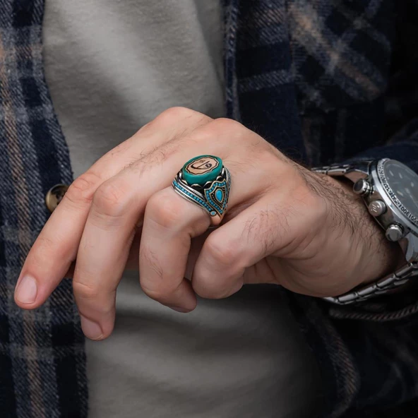 Elif Vav Harfli Mavi Taşlı 925 Gümüş Erkek Yüzük - 9