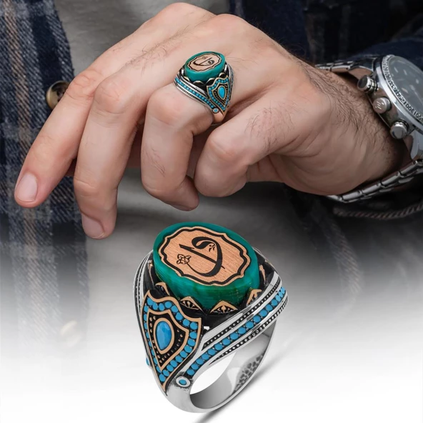 Elif Vav Harfli Mavi Taşlı 925 Gümüş Erkek Yüzük