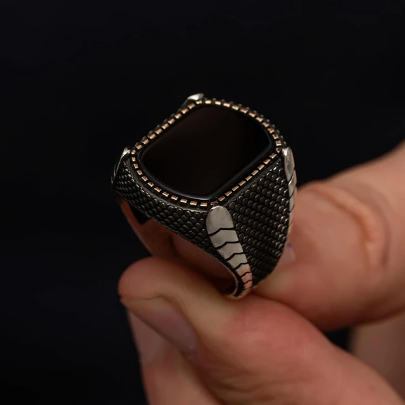 Oniks Siyah Taşlı İsimli 925 Gümüş Erkek Yüzük - Resim 7