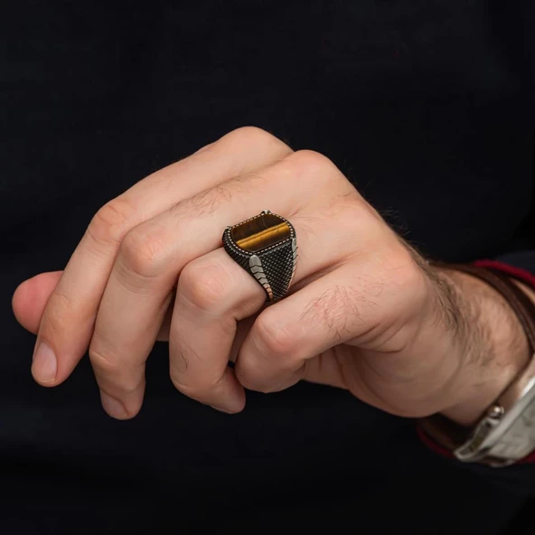 Kaplan Gözü Taşlı 925 Gümüş Erkek Yüzük - Resim 6